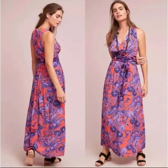 Anthropologie Maeve Macie Women's Size 4 Purple & Orange Floral Print Maxi Dress - Picture 1 of 11